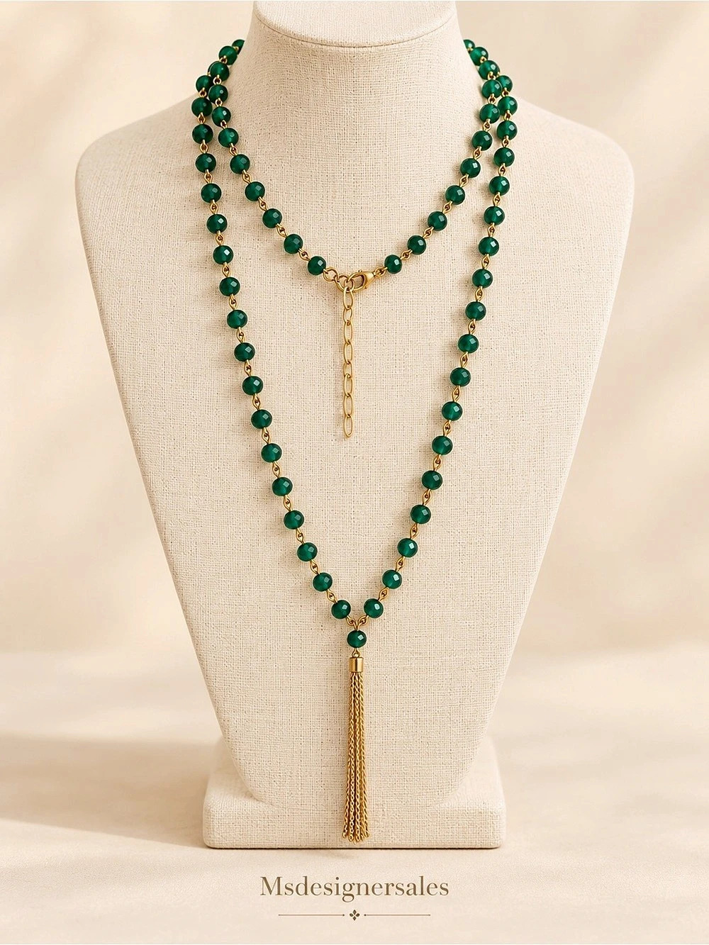 Green Beaded Tassel Station Necklace 173